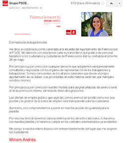 PSOE de Palencia envía correos electrónicos a los trabajadores del Ayto.